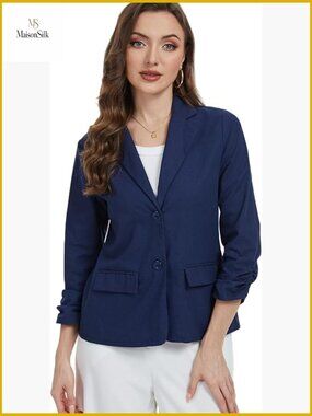 Linen Blend Blazer 3/4 Ruched Sleeves Notch Lapel Button Office Work Jacket